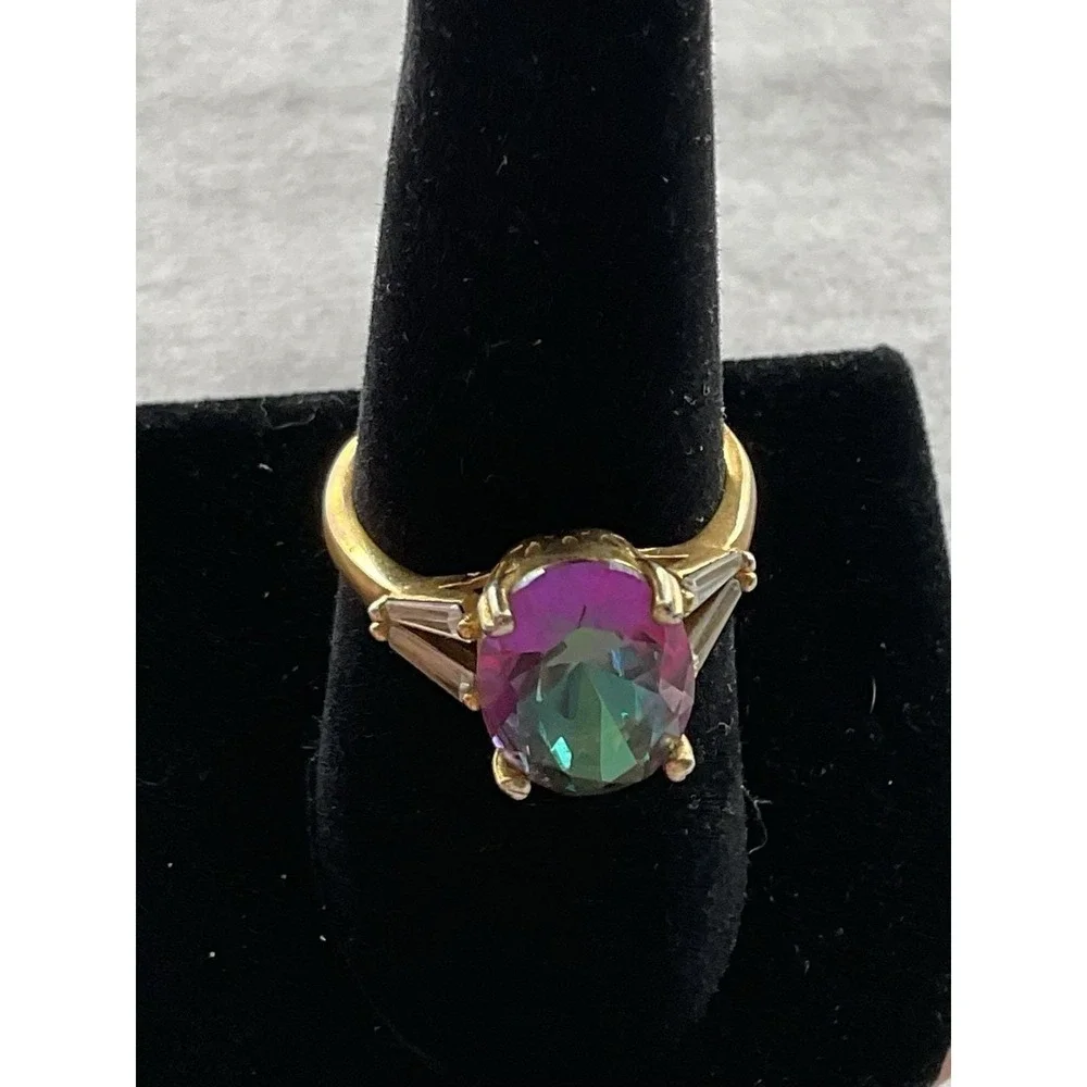 925 Sterling Silver Gold Vermeil Mystic Topaz Ring Size 7.75 Vintage Estate
